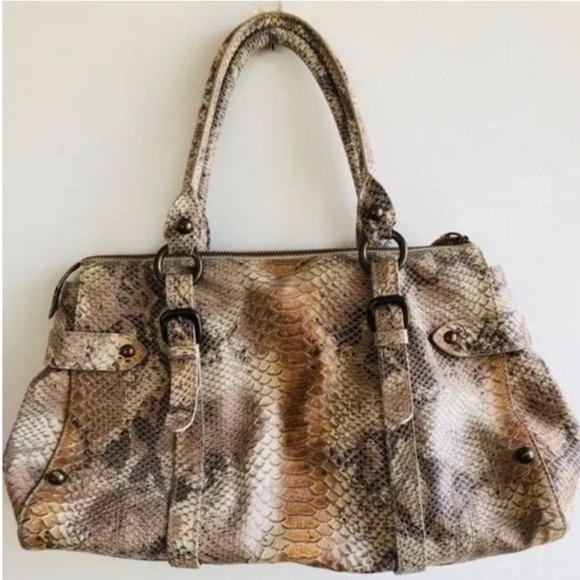 Forth & Towne Tan Calf Leather Snake Print Satchel Handbag Purse Womens Luxury - Picture 1 of 9